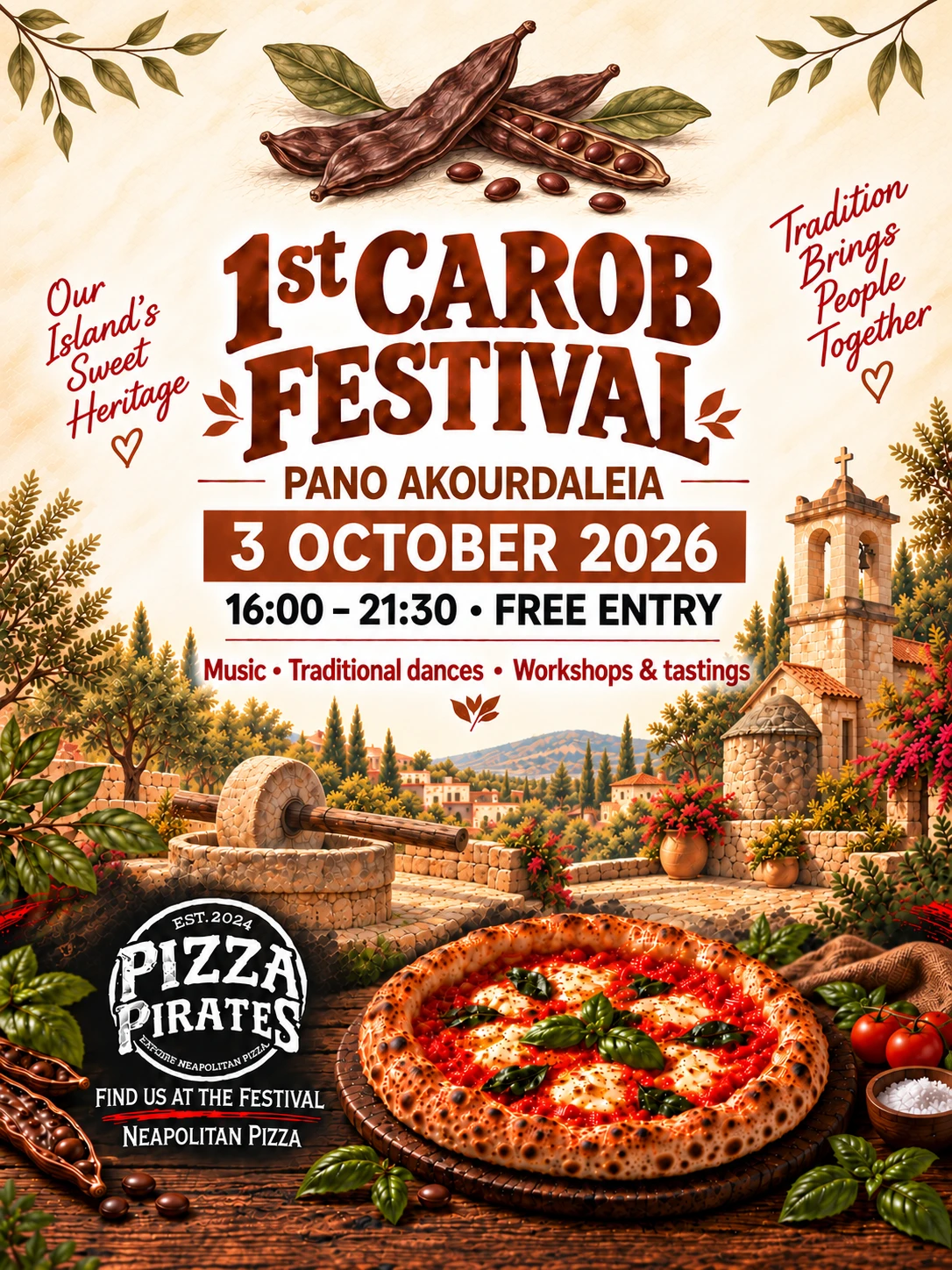 Pizza Pirates at the first Carob Festival in Pano Akourdaleia, 3 October 2026, 16:00–21:30, free entry